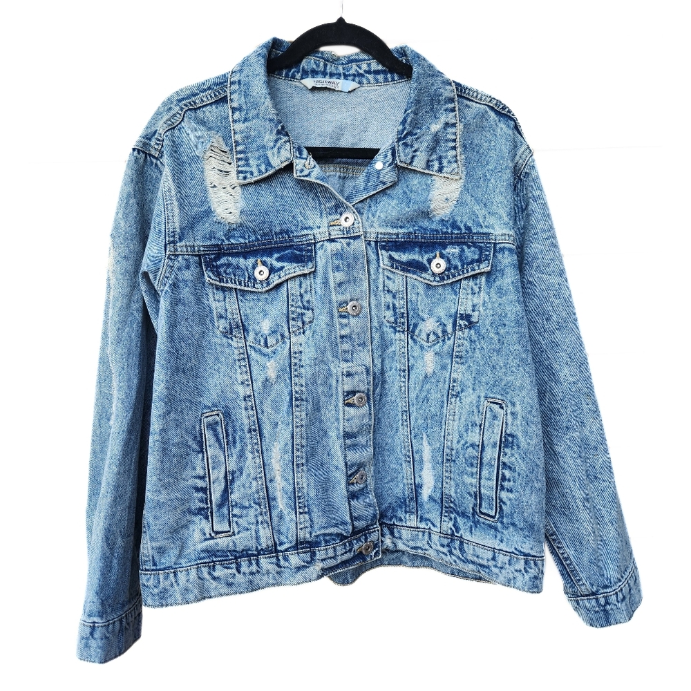 Denim Jacket Womens Distressed Blue Jean Button Up Size Large